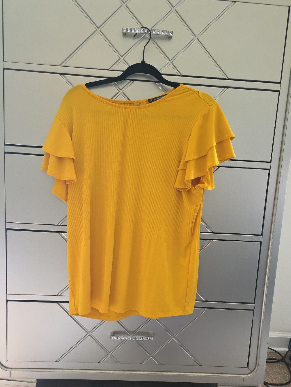 Mustard Yellow Ribbed Ruffle-Sleeve Top